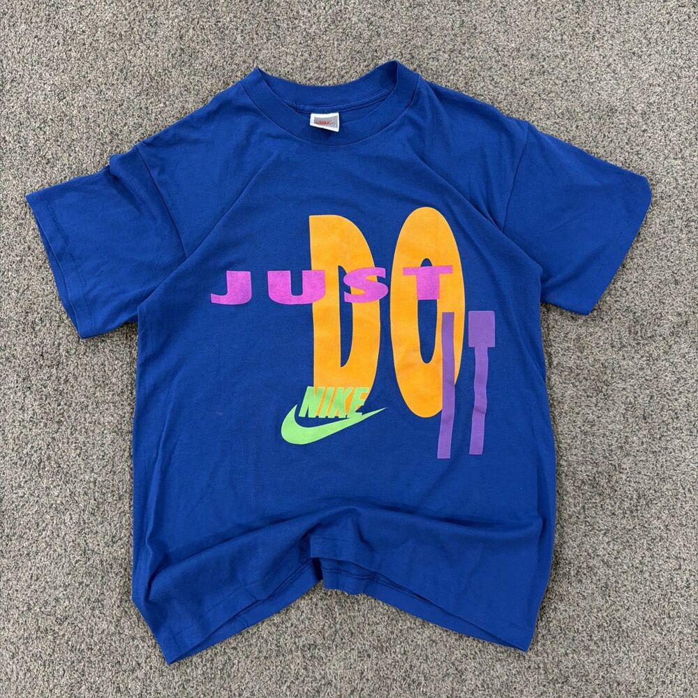 Vintage 80s Nike Just Do It T Shirt Mens L Gray Tag USA Neon Swoosh Blue
